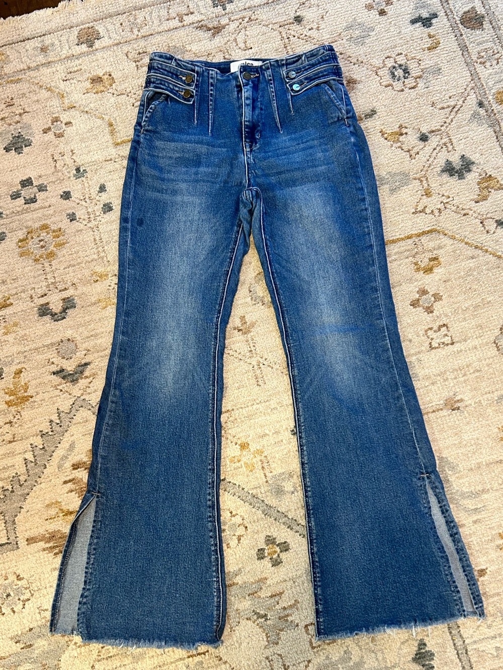 High-Rise Blue Flare Jeans with Front Slits